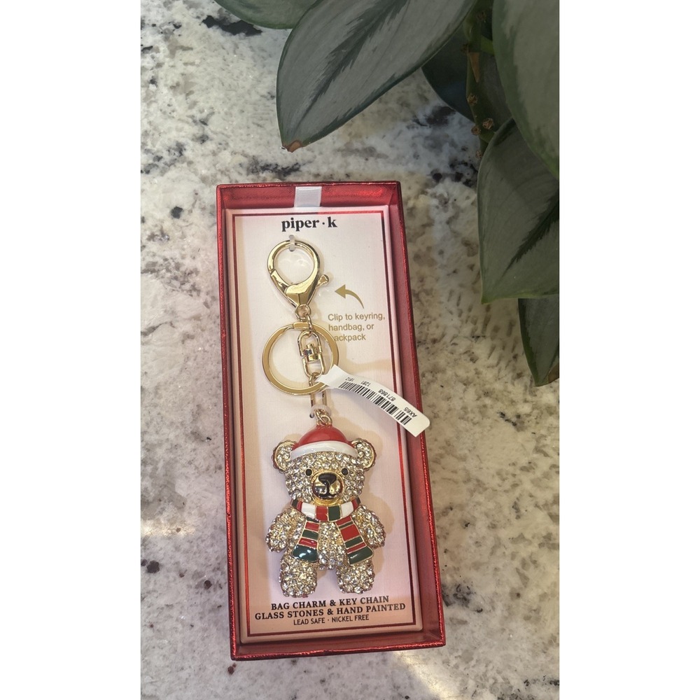 Piper K Bag Charm Keychain Teddy Bear Rhinestone Gold Tone Santa Hat Christmas